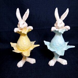 Pair Of Rustic Resin Tall Easter Spring Bunny Rabbit Flowers Blue Yellow Figures